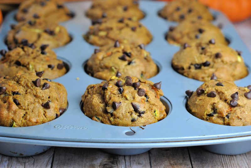 Zucchini and Pumpkin Muffins with Cranberries and Chocolate Chips