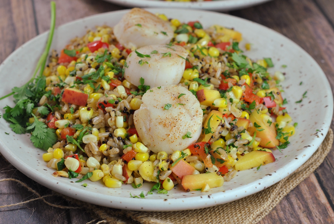 Pan Seared Scallops with Summer Corn and Peach Medley – Prevention RD