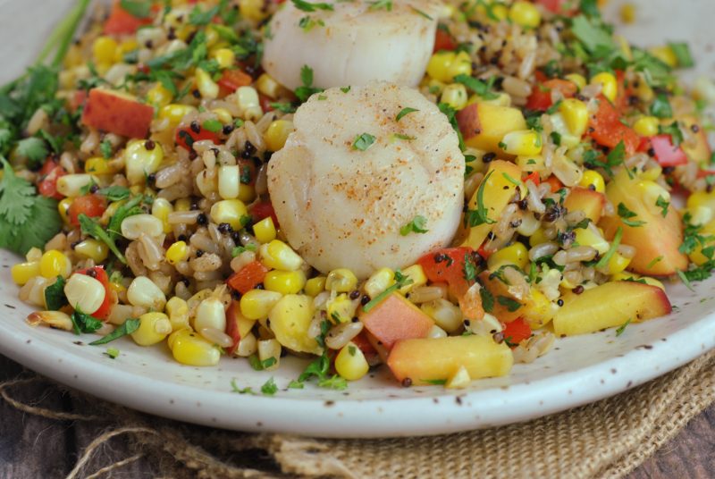 Pan Seared Scallops with Summer Corn and Peach Medley - Prevention RD
