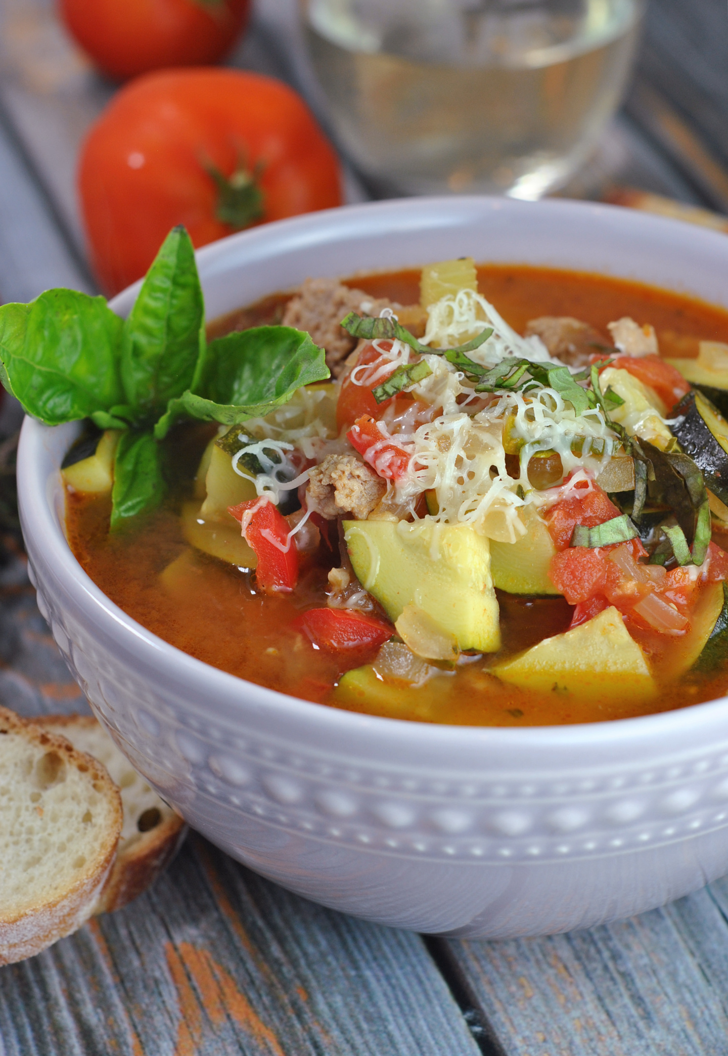 Healthy Zucchini Tomato Italian Sausage Soup via @preventionrd