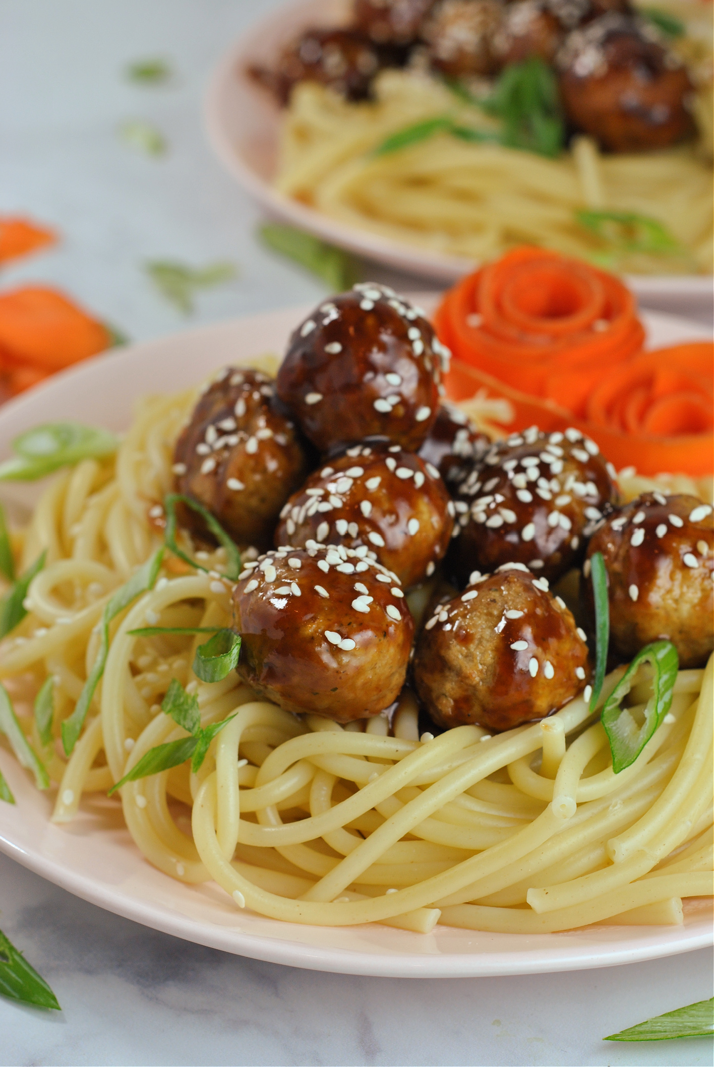 Sticky Asian Meatballs with Noodles via @preventionrd
