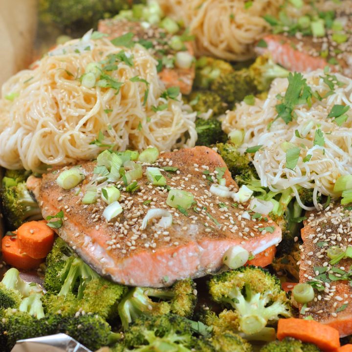 Sheet Pan Asian Salmon with Broccoli, Carrots, and Rice Noodles