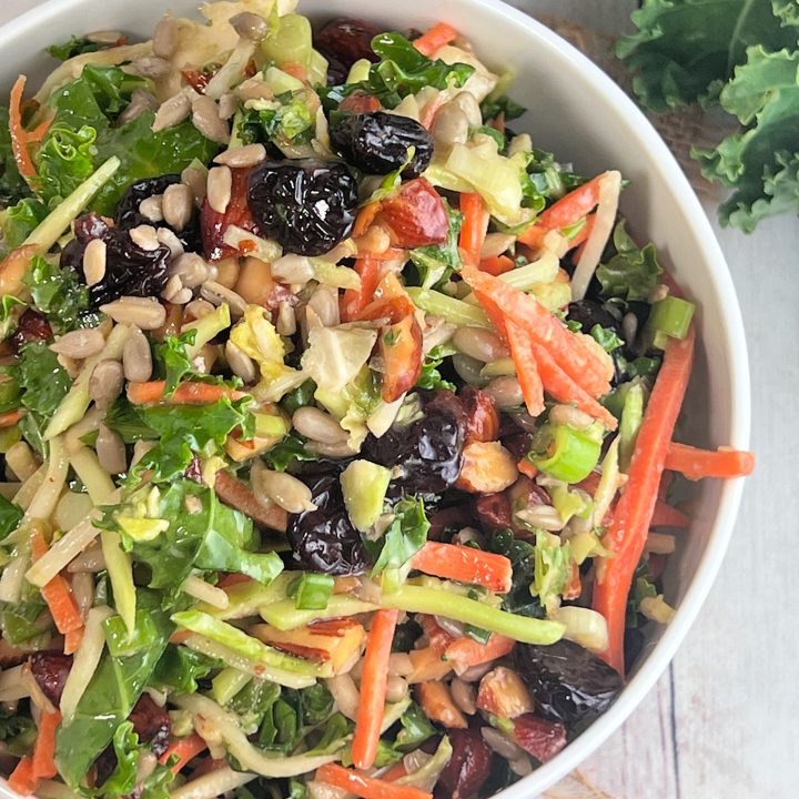 Honey Mustard Almond and Dried Cherry Kale Slaw
